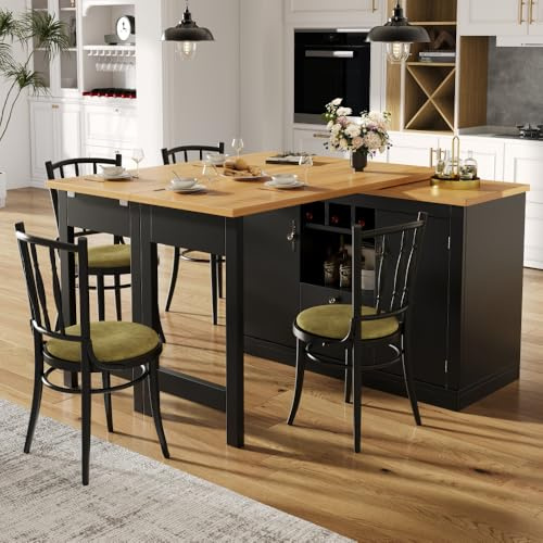 Bladez Ausziehbarer Bartisch 360° Drehbares Sideboard Essbar, Modernes Multifunktionales Bar Tisch, mit Weinregal und Stauraum Regal, für Küche, Esszimmer Kaffeebar Möbel (Schwarz-C)