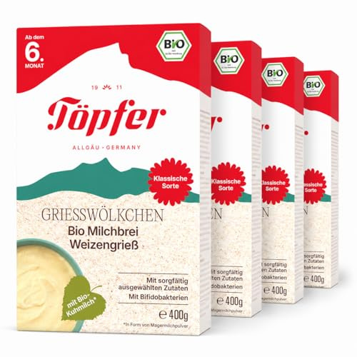 Töpfer Grießwölkchen Bio Milchbrei Weizengrieß – Babybrei ab dem 6. Monat – klassisch & cremig – leicht verdaulich – ohne Zuckerzusatz & ohne Aromen – 4x400g
