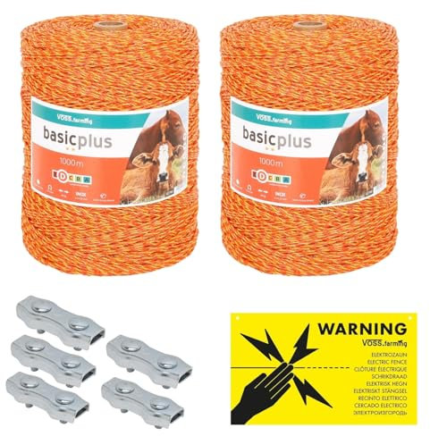 VOSS.farming 2000m Weidezaunlitze Weidezaun Elektrozaun Litze Weidezaunseil Kordel Zaun + Verbinder + Warnschild