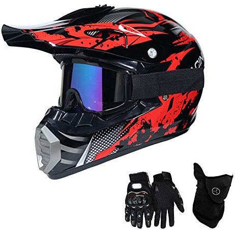 VOMI Motorradhelm Motocross Helm Kinder Rot Schwarz Full face MTB Crosshelm mit Handschuhe Maske Brille, Motorrad Enduro Helm Mountainbike Fahrrad MX Downhill Sports (L)