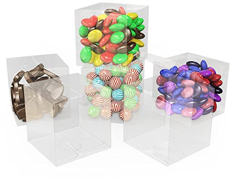 Shoze 200Pcs Clear Favour Boxes 5x5x5cm Cube Wedding Favour Boxes PVC Plastic Christmas Decorations Gift Packaging Box Sweet Film Covered Transparent for Candy Chocolate Valentine