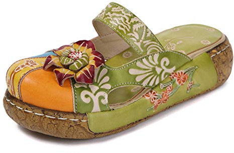 BININBOX Sandales Cuir Femmes Chaussures Ville Été Sabots Mules à Talons Compensés Plateforme Fleurs Bohème Clogs Pantoufles