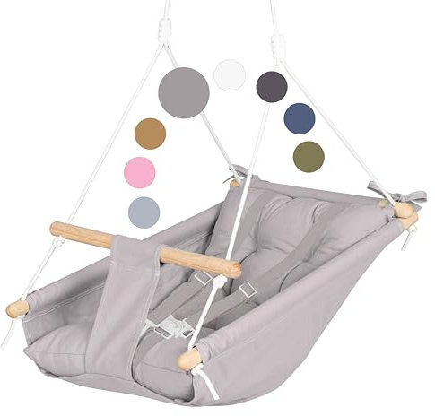 CaTeam - Columpio de Hamaca de Lona para bebé, Silla Colgante de Madera con cinturón de Seguridad, Silla de Hamaca Duradera para bebé, Columpio al Aire Libre e Interior para niños, Gris Topo