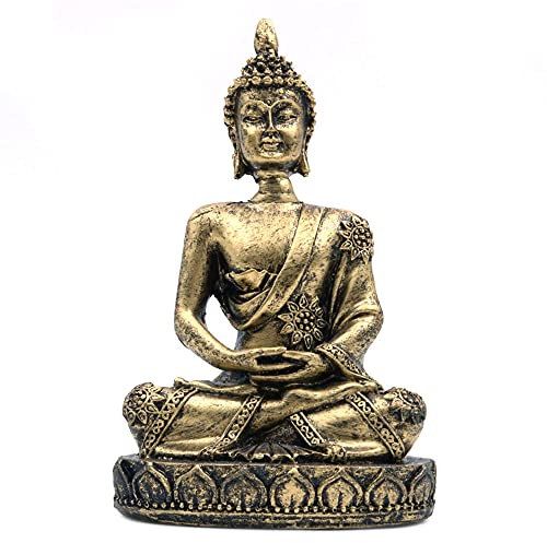 ANCLLO Buddha-Statue, Sandstein, handgeschnitzt, Antik-Messing, #8134