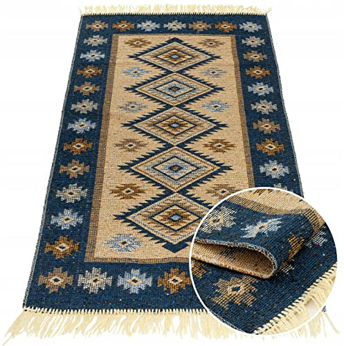e-floor Teppich für Wohnzimmer Baumwolleteppich | Gewebt | Doppelseitiges Muster | Boho Kelim Teppiche | Teppichläufer | Küchenteppich | Schlafzimmer | Blau | 80x150 cm