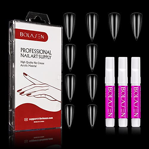 BOLASEN Clear Stiletto False Nail Tips, 120Pcs Full Cover Acrylic Fake Nails, 10 Sizes (50Pcs / Size), for Salons DIY Manicure Builder Nail Art