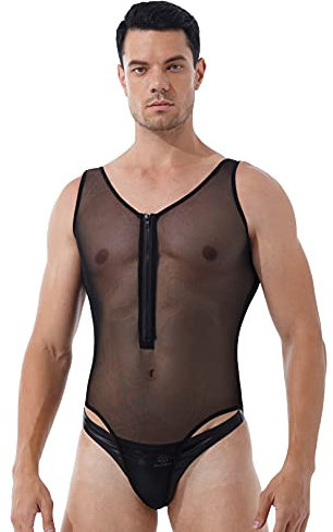 ranrann Homme Lingerie Sexy Body Transparent sous-vêtement Bodysuit Combinaison Clubwear S-5XL Noir XL