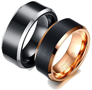 ANAZOZ 2 Stück Eheringe Paarpreis Wolfram 8mm Gebürstet und Poliert Verliebte Ringe Set Schwarz Rosegold Verlobungsring Nerd mit Kostenlos Gravur Frau:65 (20.7) & Mann:67 (21.3)