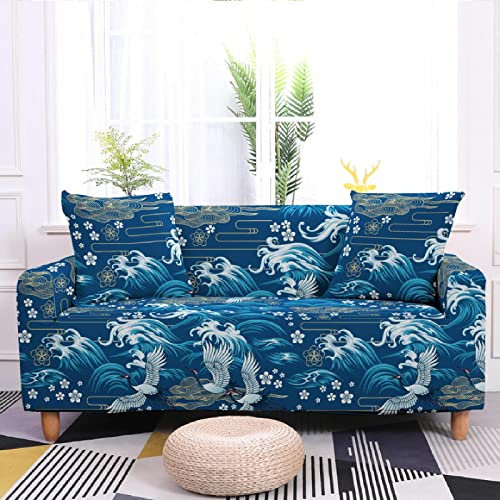 ZAHHYG Sofabezug 2sitzerBlauer Japanischer Stil Sofaüberwurf Stretchy Couchbezug Sofa Bezug Ecksofa Überwurf Sofabezüge Antirutsch Sofahusse Jacquard Sofaüberzug (145cm-185cm)