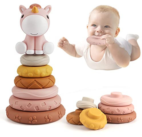 Gilowin 7 Stück Stapelspielzeug mit Ringen, Squeeze Zahnen Babyspielzeug, Nistkreis Baukreis mit Pferdefigur, Früherziehung Spielzeug Geschenke für 6 12 18 Monate Baby Kleinkind Jungen Mädchen