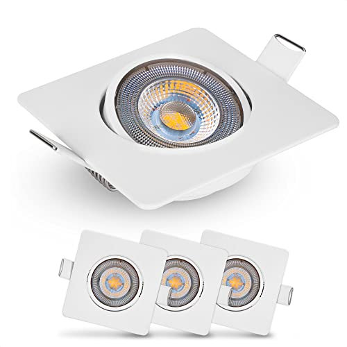 EMOS Einbaustrahler 230V, 5W / 450lm, 50° schwenkbar, Deckenspots warmweiß 3000k | Einbaustrahler LED Spot flach 68mm Lochmaß | Set mit 3 Stück LED Spots 230V, Einbauleuchten eckig (Farbe weiß)