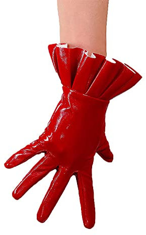 DooWay Sexy rote Lederhandschuhe für Damen, glänzender Look, Kunst-PU, für Cosplay, Tanzparty, Glänzende rote Rüschenbündchen, 25 cm, 38