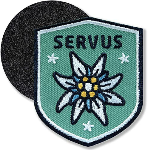 Klettpatch - Edelweiss Patch gestickt 51 x 60 mm/Klett-Patch Patches Abzeichen Stickerei mit Klett für Kleidung Rucksack Tasche/Tracht Loden Lederhose Dirndl Janker Filzhut/Club of Heroes (Oliv)