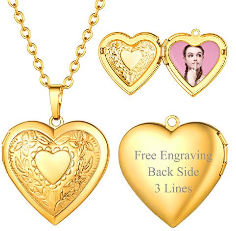 FOCALOOK Guardapelo Foto Personalizada Colgante Corazón Dorado Mujer Cadena Oro Amarillo 18K Collar Romántico Novia Pareja