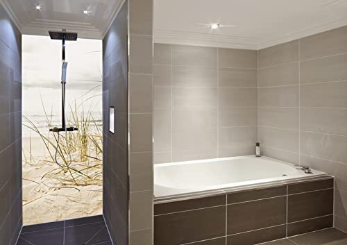 Schön und Wieder Duschrückwand | Motivrückwand | Spritzschutz aus 3mm Alu Verbundsplatte in 0,03x110x200cm mit Schutzfolienkaschierung Motiv Dünengras im Sand