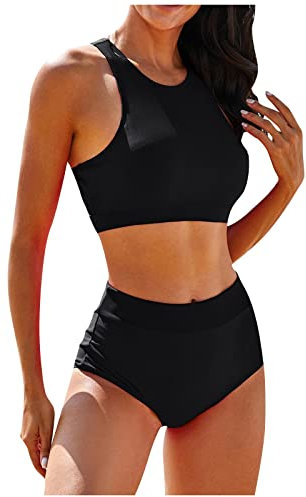 Bikini Damen Set High Waist Zweiteilig Bademode Imprimer Sport Plage Badeanzug Mit Tankini Oberteil Schwarz S