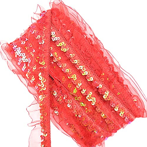 12Yards 25-30mm Vintage Glitzer Pailletten Organza Rüschen Borten Spitzenband Paillettenband Spitzenborte Dekoband Zierband Pailletten Bänder Plissiertborten für DIY Nähen Hochzeit Kostüme Deko,Rot