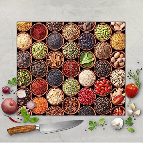 banjado Schneidebrett Glas mit Motiv Zutaten - großes zweiteiliges Glasschneidebrett rechteckig 2 x 30 cm x 52 cm - auch verwendbar als Schneidebrett Herdabdeckung