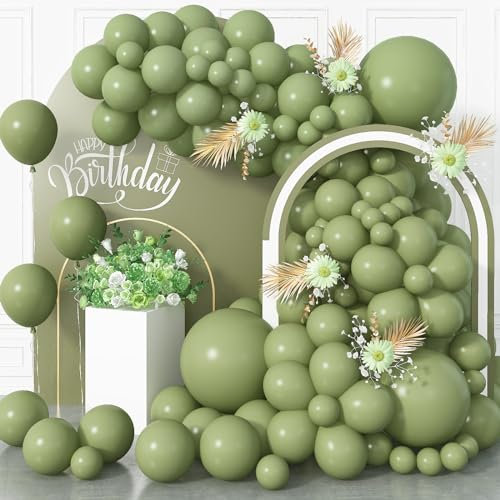 Sage Green Balloons, 113PCS Retro Olive Green Balloon Garland Arch Kit 5/10/12/18 Inch, Different Sizes Eucalyptus Avocado Green Latex Helium Party Balloons Set for Jungle Safari Birthday Decorations