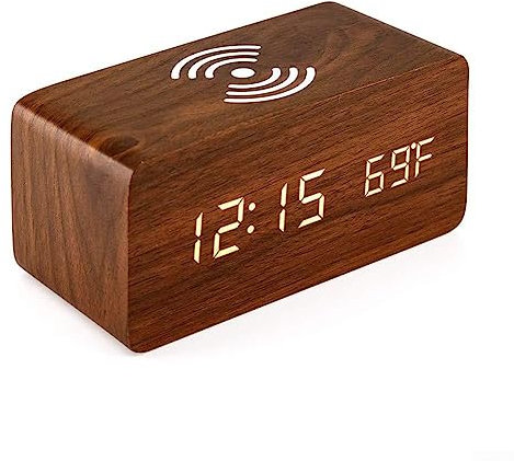 RANRAO Digitaler Wecker aus Holz, LED Digitaluhr mit Kabellosem Laden, 5W Fast Wireless Charger for iPhone/Android, Digitale Holzuhr, Temperatur anzeige, Nachttisch LED-Uhr für das Zuhause Büro