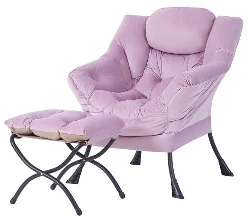 Welnow Lazy Chair with Ottoman, Modern Lounge Accent Chair with Armrests and a Side Pocket, Leisure Upholstered Sofa Chair Set, Reading Chair with Footrest for Small Space, Corner Chair