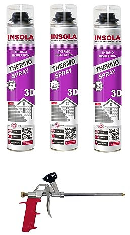 Mousse expansive polyuréthane Projetable par Pulvérisation - Thermo Spray 3D INSOLA - 850 ml - Lot 3 mousses + 1 Pistolet