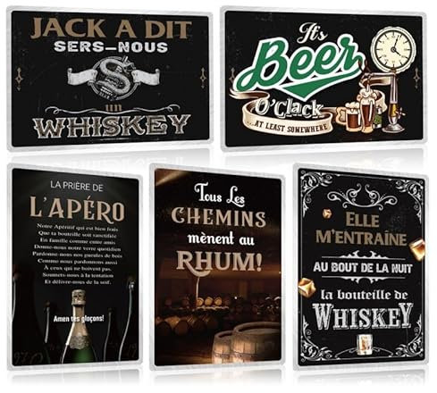 ZDFDC LOT DE 5PCS - Plaque Metal Vintage Bar Pub 30x20cm - Bistrot Panneau avec Citation Humour Française - Cave Club Restaurant Cuisine Decoration Murale Accessoire (Set A)
