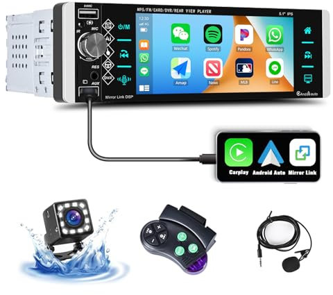 CAMECHO Radio de Coche 1 DIN Apple CarPlay Android Auto, Pantalla Táctil de 5.1 Pulgadas Autoradio con Bluetooth FM Mirror Link EQ SWC AUX USB Voice Assistant+ Cámara Trasera + Mic
