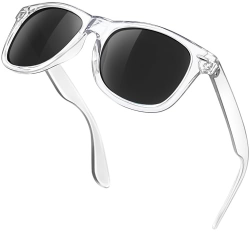 KANASTAL Transparent Black Sunglasses Mens Polarised Womens Square Vintage Retro Driving Vacation UV400 Protection - Clear Frame Black Lens