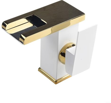 Badezimmer-Armaturen, LED-Wasserfall-Wasserhahn, Waschtischarmatur mit 3 Farbwechsel, Wasserfall-Auslaufhahn, Messing-Einhandarmaturen, Kalt- und Heißmischer (Weiß + Gold)