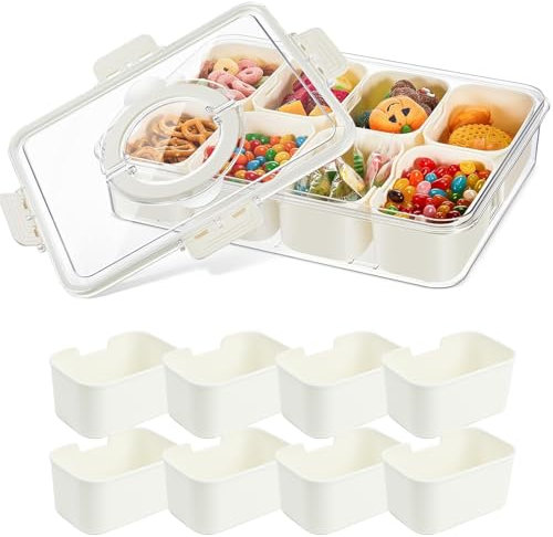 Transport Servierset mit 8 Schalen - Snackschalen & Dipschalen mit Transparentem Deckel - Snack mit Dächern - Snackbox Snackteller Snack Spinner - Dip Tapas Schüsseln Servier Teller Spülmaschinenfest