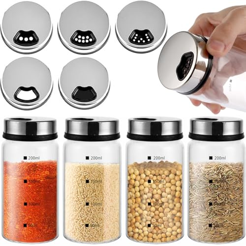 SHUESS 4er Gewürzstreuer 200ml, Hochwertige Gewürzstreuer Glas aus Borosilikat, Praktische Gewürzgläser mit Drehdeckel und 4 Arten von Gewürzlöchern, Auslaufsichere Gewürzdosen für Kräuter und Gewürze