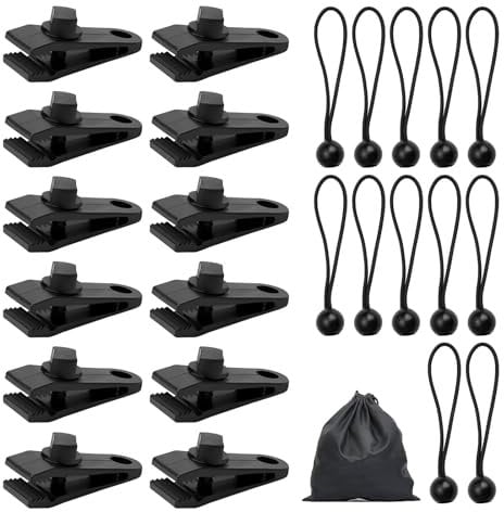 12 Pcs Tarp Clips Sets Heavy Duty Tarpaulin Clips With 12 Pcs Ball Bungee Cords and Storage Bag, Multifunctional Awning Clip for Fixing Tarps, Awnings, Outdoor Camping, Caravan Canopies