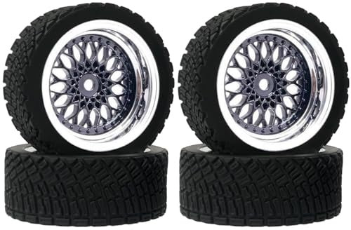 KINGCOO RC Auto Reifen und Räder Set, 4Stück 65mm RC Rally Auto Gummireifen Kunststoffbeschichtung Rad Felgen für 1/10 RC On-Road Rally Racing Car für Tamiya WR8 HPI HSP TT02 (Schwarz Silber)
