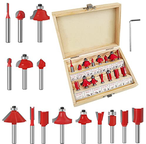 15 Stück Router-Set für die Holzbearbeitung, Material Kohlenstoffstahl, Zylindrischer Schaft 6,35mm1/4, Oberfräse Fräser Set, für Router Holzfräser Router Bit Set mit Schraubenschlüssel (Rot)
