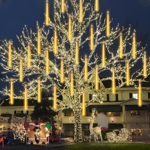 PEMOTech Meteorschauer Lichterkette Außen(27.7ft), 8 Röhren 288 LED Weihnachtsdeko Aussen, Schneefall-Eiszapfen-Kaskadenlichter für Weihnachtsdekoration, Indoor Outdoor für Party Festival