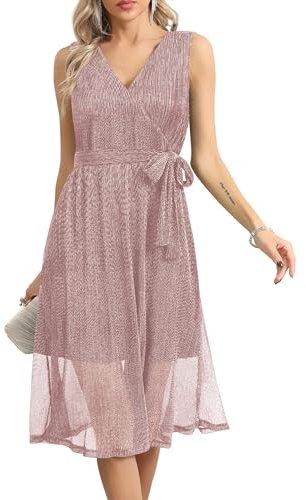 Missufe Damen Wickel V-Ausschnitt Ärmellos Swing Glitzer Cocktail Party Abendkleid mit Gürtel (Rosa, Klein