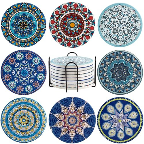 Les soucoupes colorées d'un mandragora – Lot de 8 soucoupes en liège, céramique et verre, motif mandala de 10,16 cm, idéal pour les tasses, vases et bougies, cadeau de pendaison de crémaillère pour