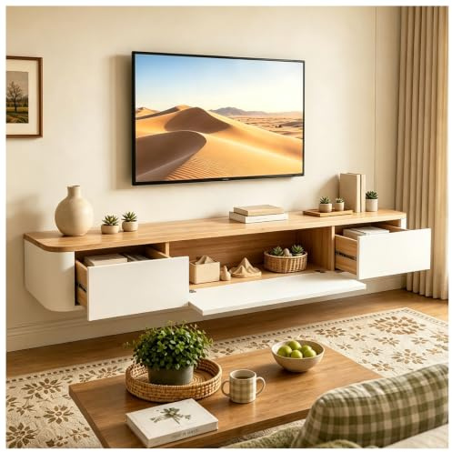 KSYGINXD Schwebende TV Schrank 180cm Beige, Modern TV Lowboard Hängend, TV Board Hängend mit 2 Schubladen 1 Klappen Türen & Kabelmanagement, für Wohnzimmer und Esszimmer