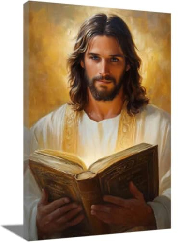 ZQQART Christlicher Jesus Leinwanddrucke Heiliger Gott hält Bibelbuch Bild Christliche Bibel Malerei Religion Spirituelles Kunstwerk Wanddekoration (Gold,30x45cm)