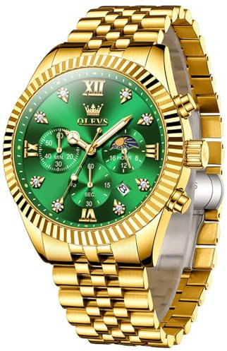 OLEVS Gold Herrenuhren Edelstahl Luxus Analog Uhren Herren Metallarmband Elegante Grün Zifferblatt Herren Armbanduhr Wasserdicht Leuchtende Business Kleid Männer Uhr Chronograph Mondphase Geschenke