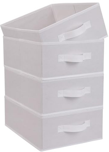 OVAKIA Fabric Storage Box, Foldable Wardrobe Clothes Organiser Boxes with Handle for Shelves Drawer Underwear Bras Socks Toys, Pack of 4 (White)