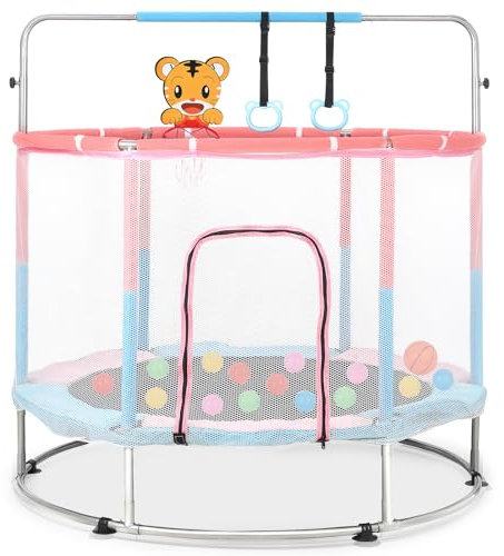 Aptliton Kids Trampoline 5FT for Toddlers with Safety Nut, Adjustable Gymnastics Bars & Handle, Foam Pole Cover and Basketaball Hoop, Small Trampoline Indoor/Outdoor