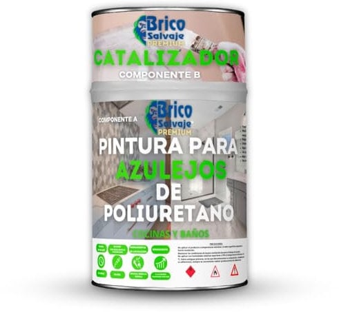 BRICOSALVAJE PREMIUM Pintura para Azulejos de Poliuretano SATINADO| Dos Componentes 700+170 ML | Fácil Aplicación |Máxima adherencia (Blanco Satinado)