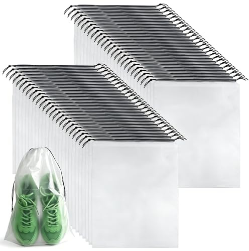 50 Pcs Shoe Bags for Travel PLULON 30 x 40 CM Clear Drawstring Storage Bags Shoes Organizer for Packing Waterproof Dustproof Women Men Portable Travel Essentials