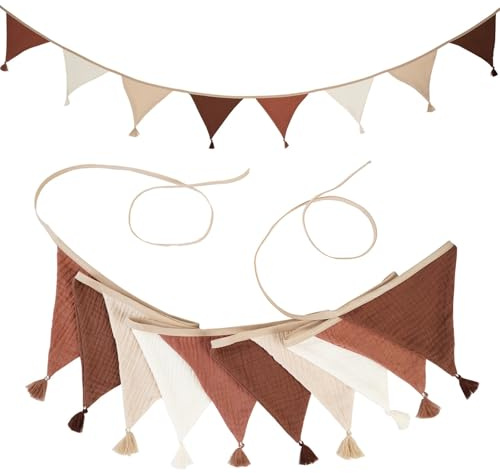 Treer Wimpelkette Stoff Kinderzimmer Nordisch, 2.6M Wimpelkette Stoff Bunt mit Quasten - Hausbett Deko Mädchen & Jungen für Girlande Kinderzimmer Deko, Wanddeko and Outdoor (Beige)