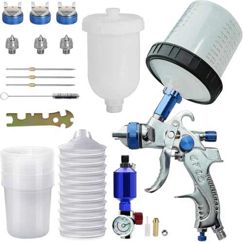 HVLP Lackierpistole Spritzpistole 3 Düsen 1,4mm 1,7mm 2,0mm Profi Farbsprühsystem Spraypistole mit 600 ml Plastikbecher 10 Stück 600ML Einwegbechern Spritzpistole Cups Mit Luftdruckregler (Blau)