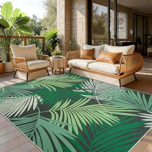 Cekene Indoor Outdoor Rug Green 120x170cm Washable Area Rug for Living Room Tropics Palm Leaves Outdoor Carpet for Patio Garden Backyard Deck Bedroom Dining Room