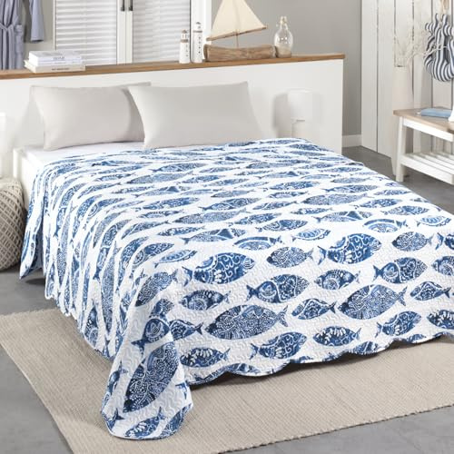 Delindo Lifestyle Tagesdecke Riviera blau maritim, Bettüberwurf für Doppelbett, Gesteppt, 220x240 cm