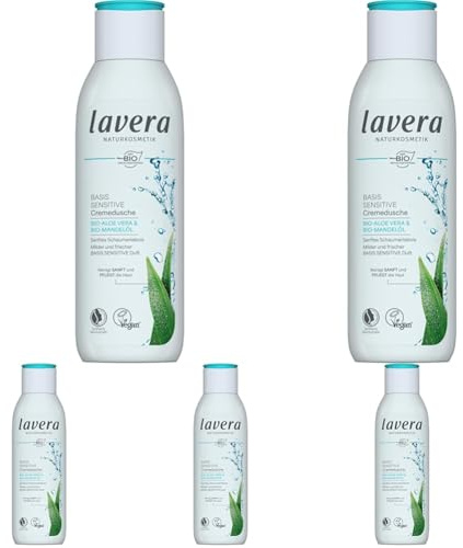 lavera Cremedusche basis sensitive - pH-hautneutrale Formulierung für sensible Haut - hautschonend & pflegend - für sanfte Haut - vegan - Naturkosmetik - 250 ml (Packung mit 5)